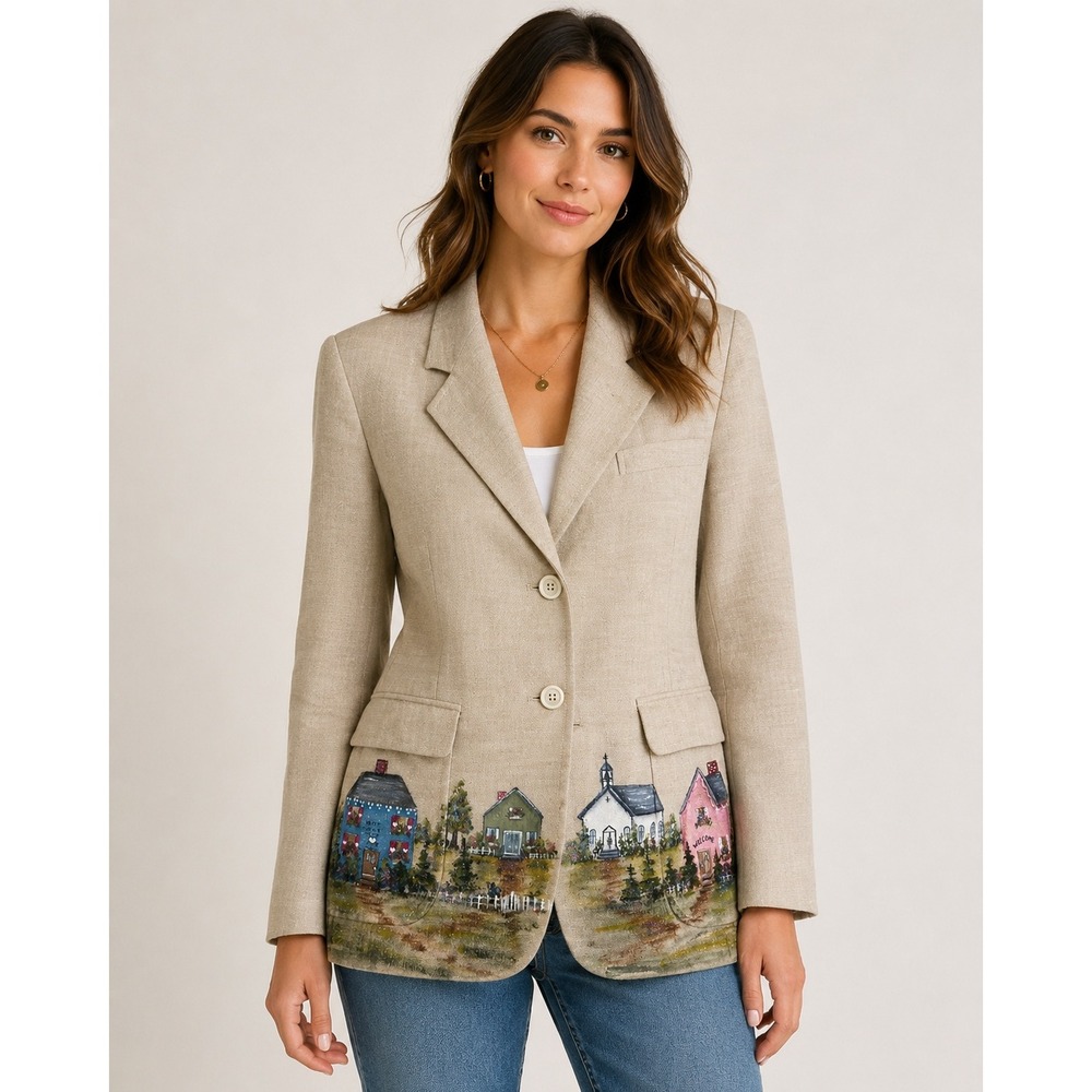 Vintage Hand Painted Folk Art Village Blazer Beige Linen Look Made in USA 0582